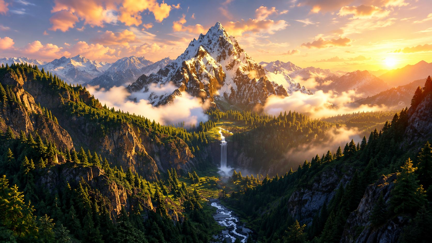 Snow-covered mountain ridges at dusk above a frozen valley — the RenderFrost world.